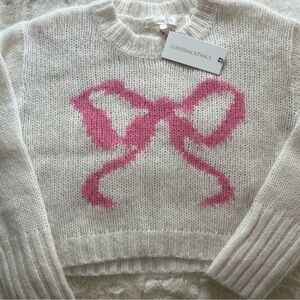 LoveShackFancy Cream Knit Crewneck Sweater with Pink Bow Intarsia